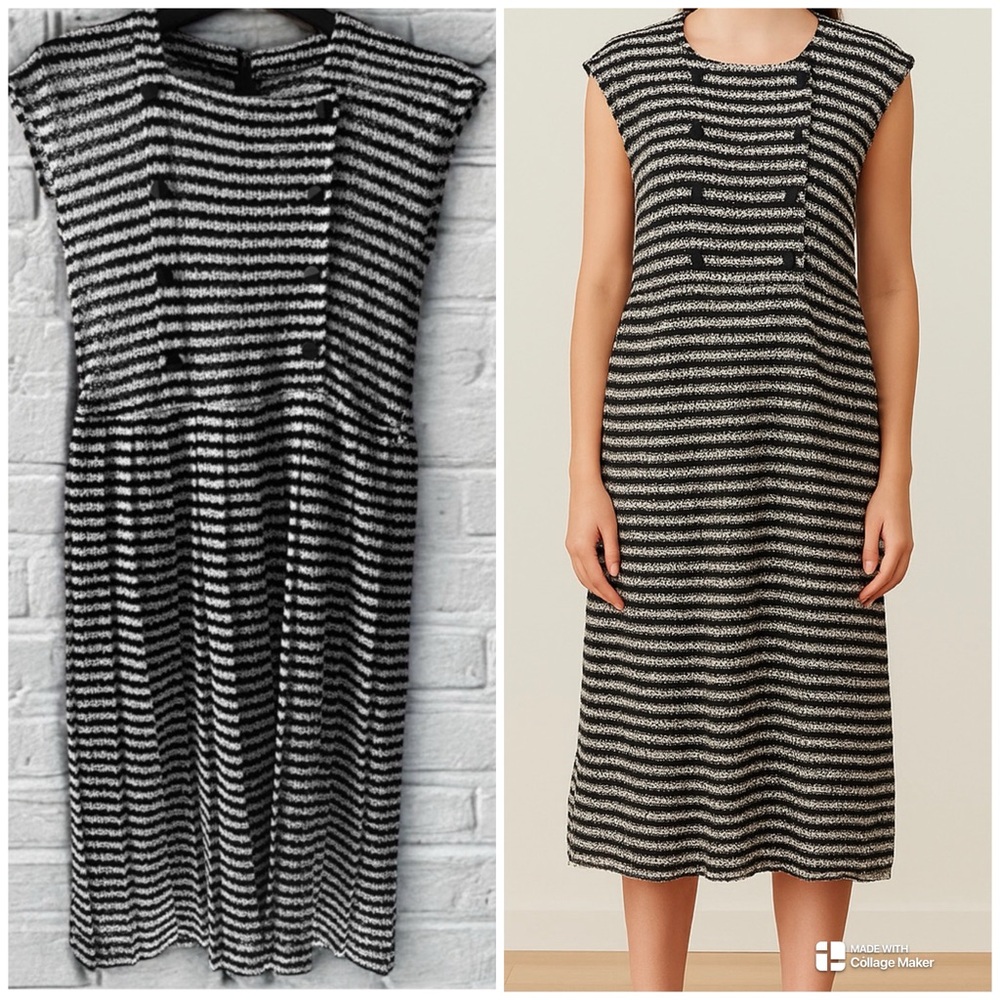 Black & Ivory Textured Stripe Knit Square Neckline Midi Dress